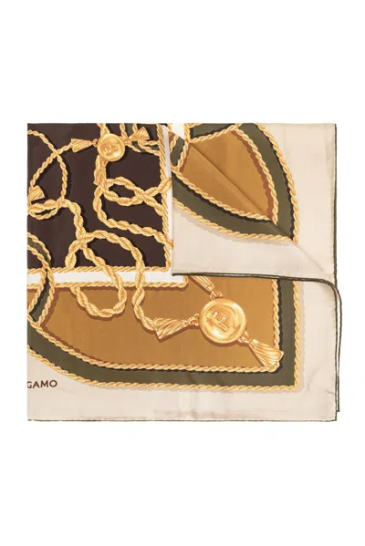 Ferragamo Logo-print Chains Silk Scarf In Multi