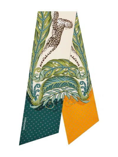 Ferragamo Leaf And Leopard Print Silk Scarf In Green