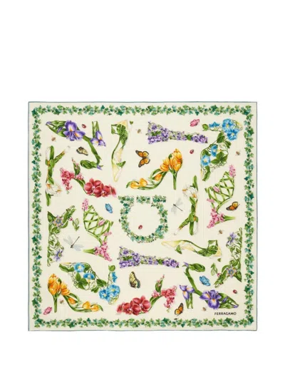 Ferragamo Silk Square Foulard Floral Shoes Motif In Multi