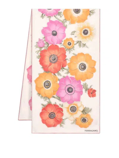 Ferragamo Printed Silk Scarf In Blanco
