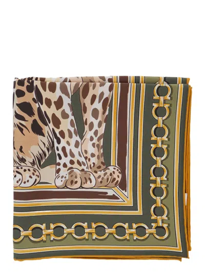 Ferragamo Printed Silk Scarf With Vibrant Floral Border, 90 X 90 Cm In Green