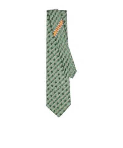 Ferragamo Printed Silk Tie With Interlocking Gancini And Regimental Stripes In Green