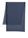 Ferragamo Wool Scarf With Fringed Edges And Geometric Pattern In Blue