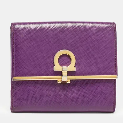 Pre-owned Ferragamo Purple Leather Gancini Clip Tri Fold Wallet