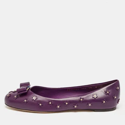 Pre-owned Ferragamo Purple Leather Vara Bow Ballet Flats Size 40.5