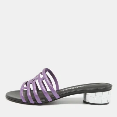Pre-owned Ferragamo Purple/black Leather Finn Slide Sandals Size 38.5