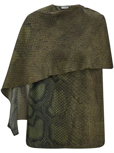 Ferragamo Python Print Silk Shirt With Cape Detail In Green