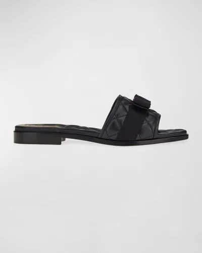 Ferragamo Quilted Lambskin Bow Flat Sandals In Black