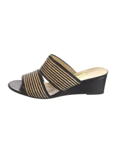 Pre-owned Ferragamo Raffia Striped Slides In Black