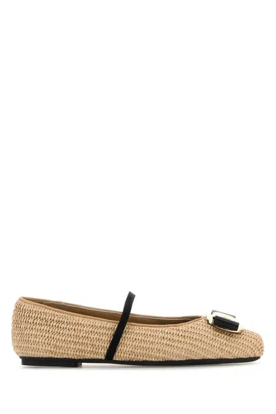 Ferragamo Raffia Zina Ballerinas In Brown