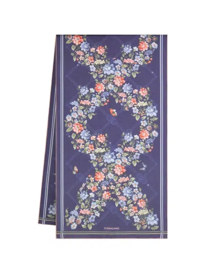 Ferragamo Ramages Print Silk Scarf In Blue