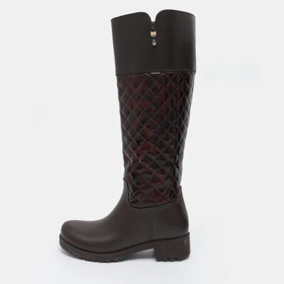Pre-owned Ferragamo Raphael Size 36.5 Brown Leather/patent Leather And Rubber Rain Boots