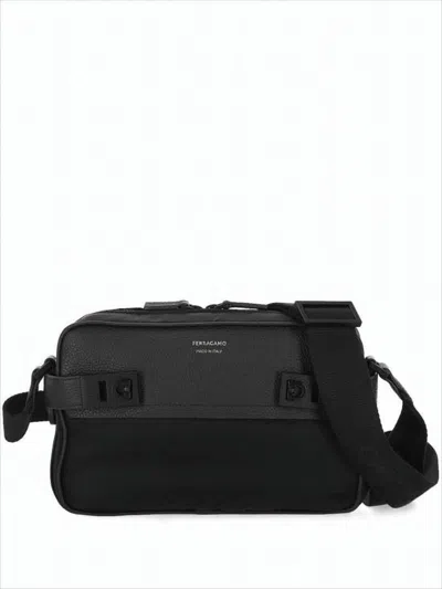 Ferragamo Rectangular Calf Leather Crossbody Bag With Adjustable Strap In Black