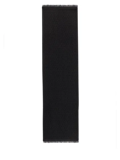 Ferragamo Rectangular Scarf With Textured Pattern And Fringed Edges In Black