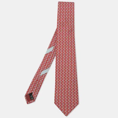 Pre-owned Ferragamo Red Dachshund Printed Silk Neck Tie