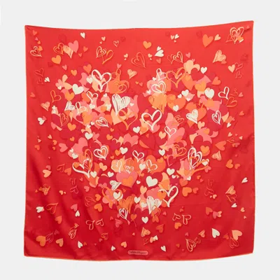 Pre-owned Ferragamo Red Hearts Print Silk Scarf