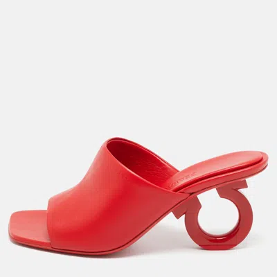 Pre-owned Ferragamo Red Leather Astro Slide Sandals Size 38.5
