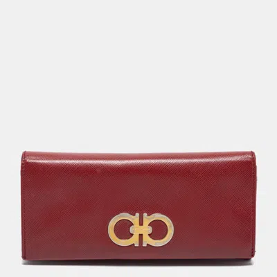 Ferragamo Red Leather Double Gancio Continental Wallet In Brown
