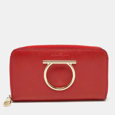 Ferragamo Red Leather Gancini Zip Around Long Wallet