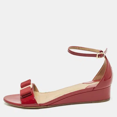 Pre-owned Ferragamo Red Patent Leather Vara Bow Ankle Strap Sandals Size 36