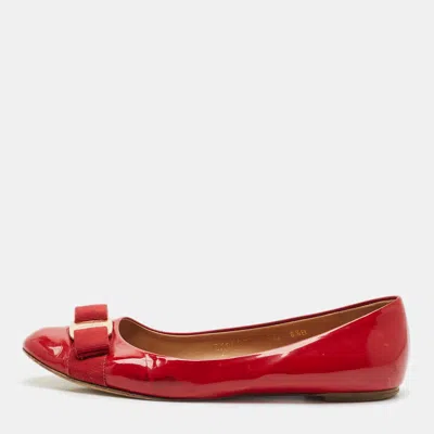 Pre-owned Ferragamo Red Patent Leather Varina Bow Ballet Flats Size 39