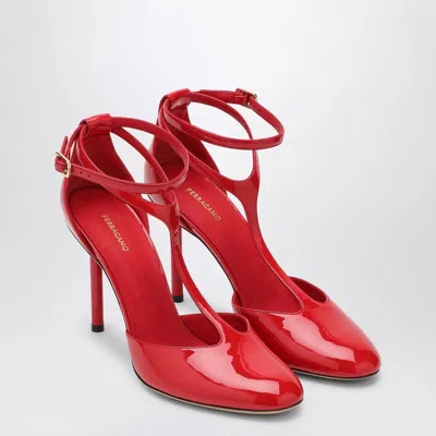 Ferragamo Red Pump T-strap In Patent Leather