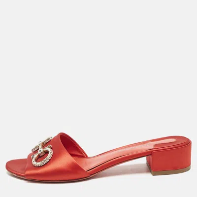 Pre-owned Ferragamo Red Satin Crystal Embellished Gancini Logo Slide Sandals Size 39.5
