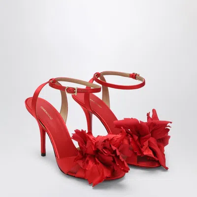 FERRAGAMO FERRAGAMO RED SATIN SANDALS WITH FLOWER WOMEN
