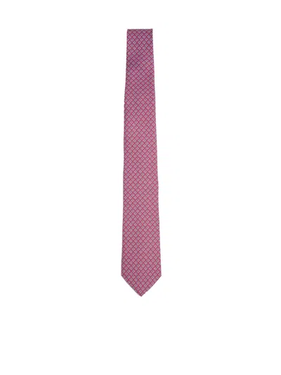 Ferragamo Red Silk Tetris Print Tie In Pink