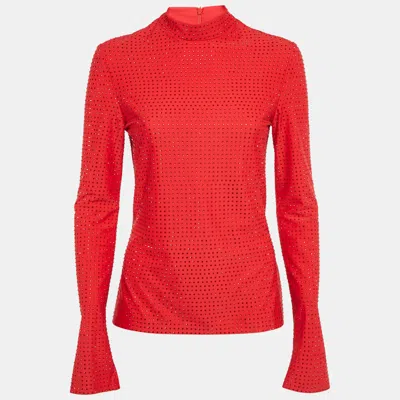 Pre-owned Ferragamo Red Stud Embellished Jersey Long Sleeve Top L