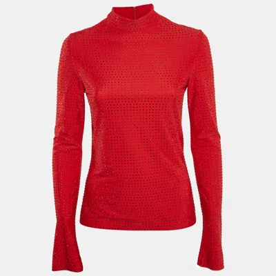 Ferragamo Red Stud Embellished Jersey Long Sleeve Top