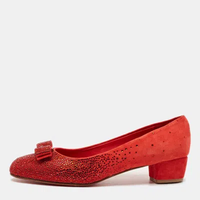 Pre-owned Ferragamo Red Suede Crystal Embellished Vara Bow Block Heel Pumps Size 40.5