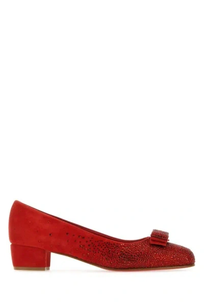 FERRAGAMO RED SUEDE VARA PUMPS