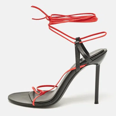 Pre-owned Ferragamo Red/black Leather Strappy Ankle Tie Sandals Size 38.5