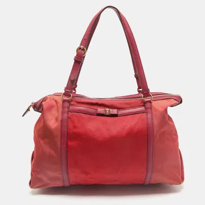 Pre-owned Ferragamo Red/orange Leather And Nylon Vara Bow Tote