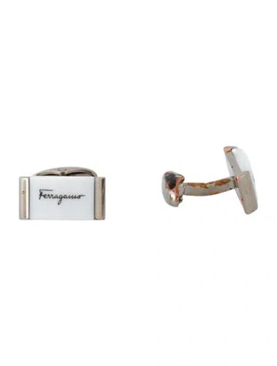 Pre-owned Ferragamo Resin Logo Cufflinks In White