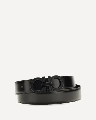 Ferragamo Reversible Adjustable Belt With Textured Gancini Buckle In Black