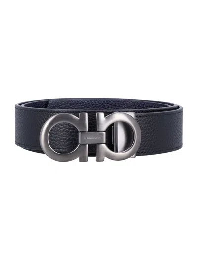 Ferragamo Reversible And Adjustable Gancini Belt In Black