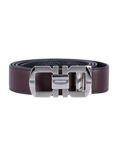 Ferragamo Reversible And Adjustable Gancini Belt In Oxblood Black