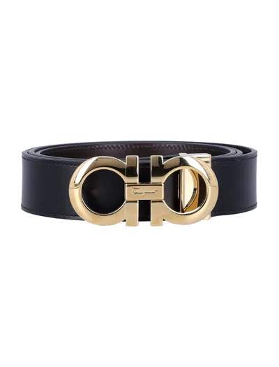 Ferragamo Reversible And Adjustable Gancini Belt In Black