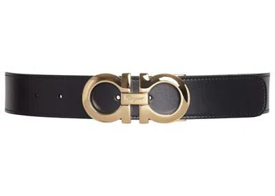Pre-owned Ferragamo Reversible And Adjustable Gancini Belt 675542 586940 In Black/dark Brown