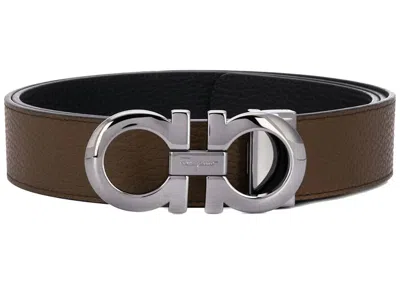 Pre-owned Ferragamo Reversible And Adjustable Gancini Belt 705614 In Brown/gunmetal