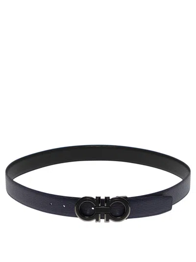 Ferragamo Reversible And Adjustable Gancini Belt Belts Black In Blue