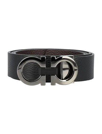 Ferragamo Reversible And Adjustable Gancini Belt In Black