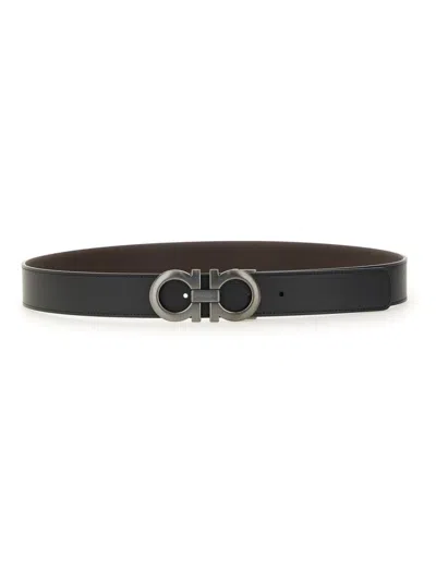 Ferragamo Reversible And Adjustable Gancini Belt In Black