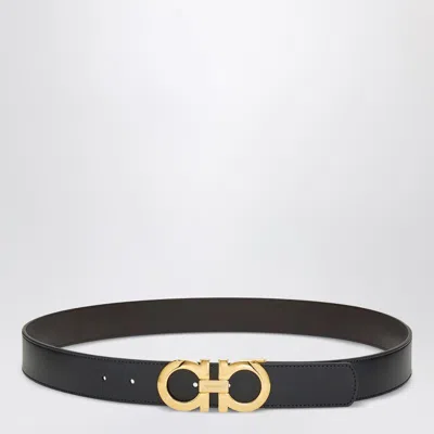 Ferragamo Reversible And Adjustable Gancini Belt Black/hickory In Animal Print