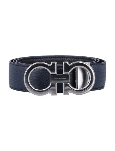 Ferragamo Reversible And Adjustable Gancini Belt In Blue