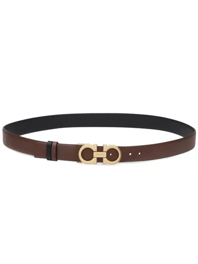 Ferragamo Reversible And Adjustable Gancini Belt In Brown