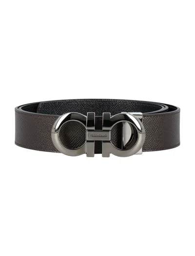 Ferragamo Reversible And Adjustable Gancini Belt In Black