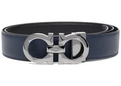 Pre-owned Ferragamo Reversible And Adjustable Gancini Belt Engraved In Navy Blue/black